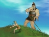 Representación de David y Goliat, donde con una onza el pequeño David vence al gran Goliat.
